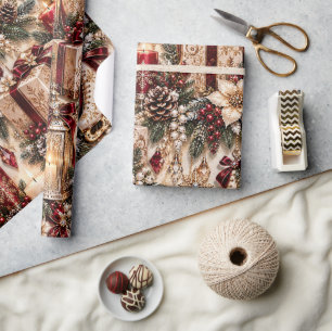 Papier Cadeau Patins de Noël Luxe Bourgogne Or