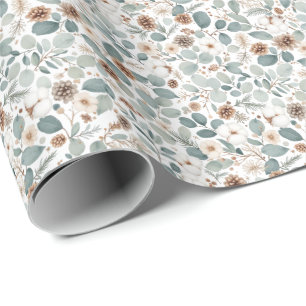 Papier Cadeau Patte d'eucalyptus en coton d'hiver sans couture à