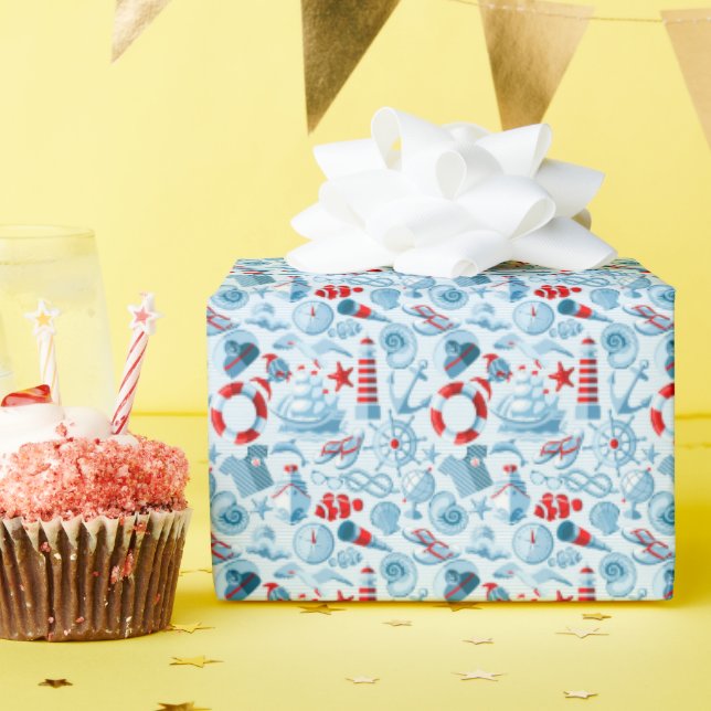 Papier Cadeau Patteries bleues rouges nautical (Fête d'anniversaire)