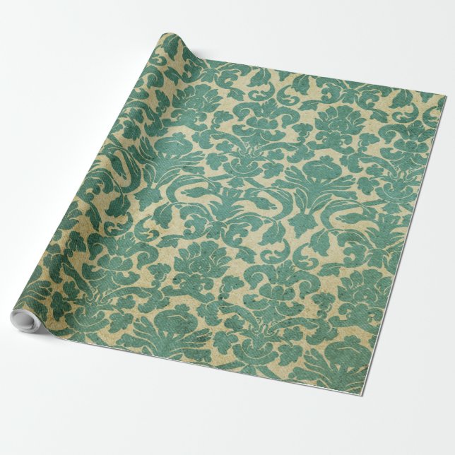 Papier Cadeau Pattern Green White Floral Damask (Déroulé)