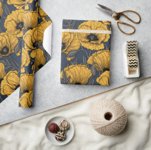 Papier Cadeau Pavot jaune sur la marine