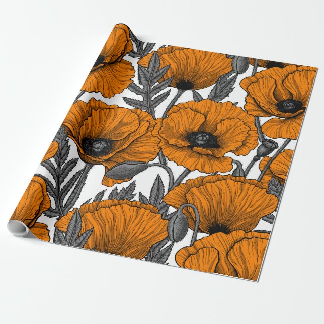 Papier Cadeau Pavot orange sur blanc (Déroulé)