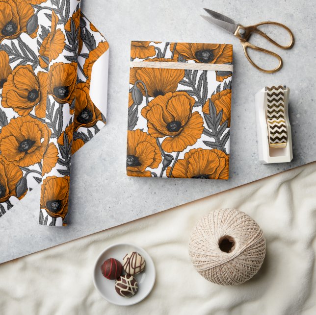 Papier Cadeau Pavot orange sur blanc (Artisanat)