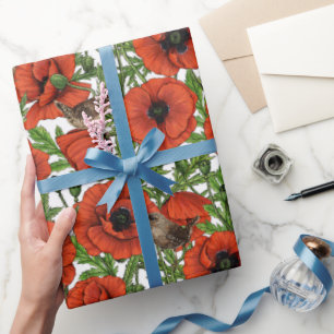 Papier Cadeau Pavot rouge et brindilles, feuilles verts sur blan
