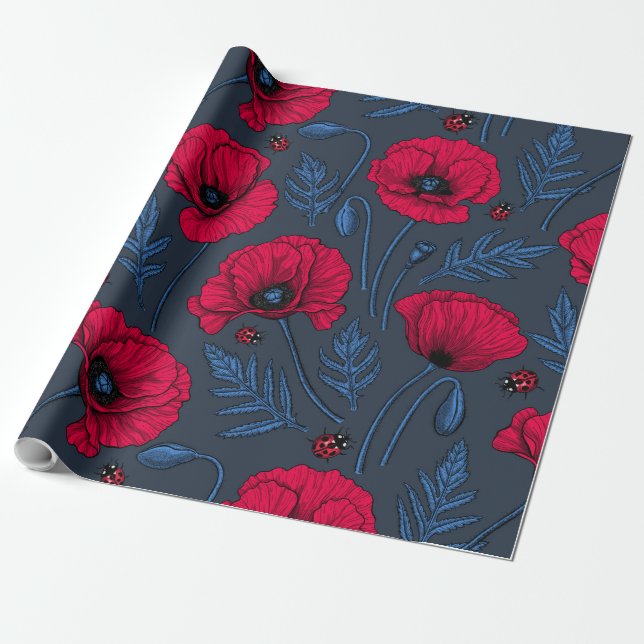 Papier Cadeau Pavot rouge et coccinelle bleu foncé (Déroulé)