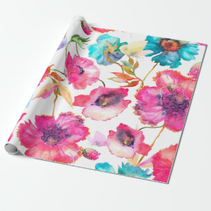 Papier Cadeau Pavot rouge et fleurs bleues avec papillons, wquoi