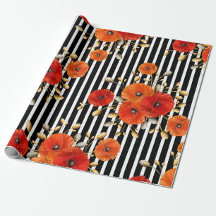 Papier Cadeau Pavot Rouge Fleur Noir Blanc Glam Stripes Vip