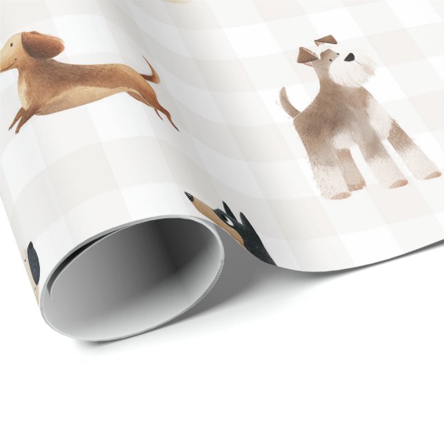 Papier Cadeau Paws Gingham jolis chiens  (Coin rond)