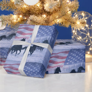 Papier Cadeau Pays de Noël Chevaux Western Drapeau Américain
