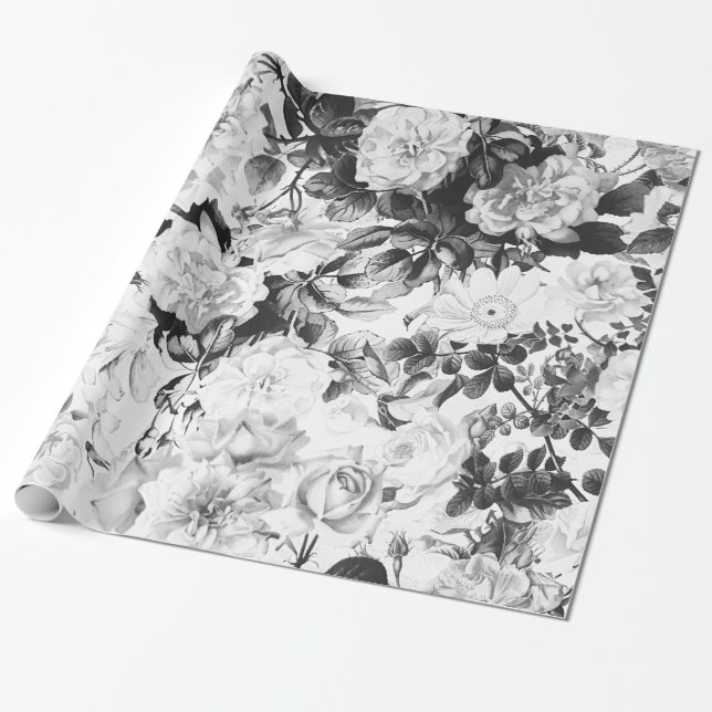 Papier Cadeau Pays moderne blanc noir d'aquarelle floral (Déroulé)