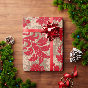 Papier Cadeau Pays Noël rouge brun rustique motif floral