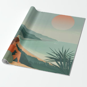 Papier Cadeau Paysage Boho Terracotta Sage Coastal Bay Coucher d