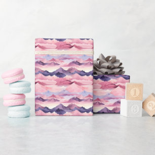 Papier Cadeau Paysage de montagne à l'aquarelle rose et violet