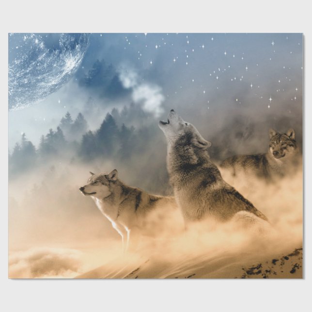 Papier Cadeau Paysage de nature de brouillard de lune de loups (Plat)