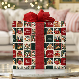 Papier Cadeau Paysage de Noël Vintage Bonhomme de Neige Personna