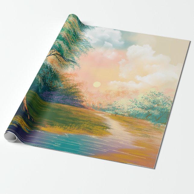 Papier Cadeau Paysage de peinture d'Art numérique, rivière dans  (Déroulé)