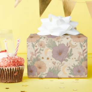 Papier Cadeau Paysage de rêve floral bohème fantaisiste et lune