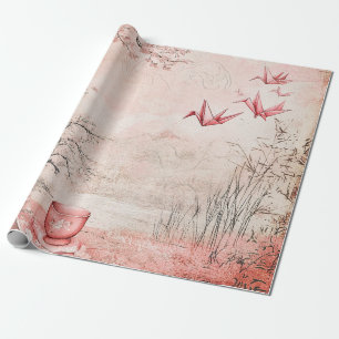 Papier Cadeau Paysage de sérénité aux cerisiers en fleurs roses