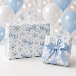 Papier Cadeau Paysage hivernal à ruban bleu motif flocon de neig