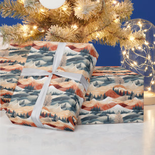Papier Cadeau  Paysage hivernal Arbres Montagnes Neige 