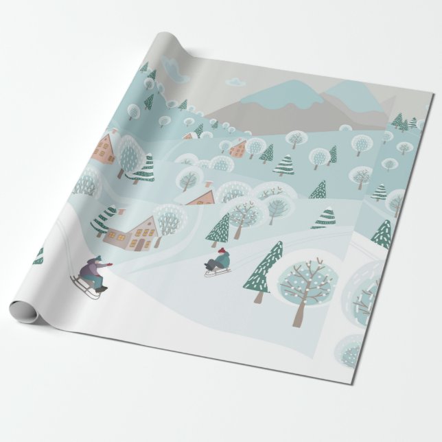 Papier Cadeau Paysage hivernal avec neige, arbres et enfants  (Déroulé)