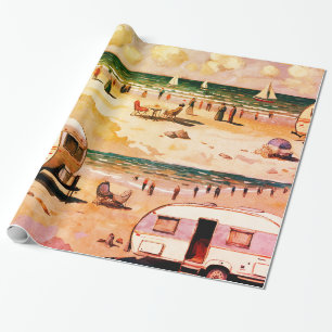 Papier Cadeau Paysage marin, Caravane Vintage sur la plage