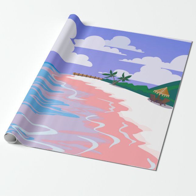 Papier Cadeau Paysage marin de plage tropicale avec sable rose,  (Déroulé)