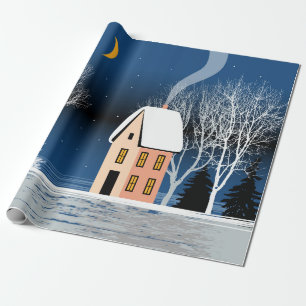 Papier Cadeau Paysage nocturne d'hiver. Maison cosy, divers arbr