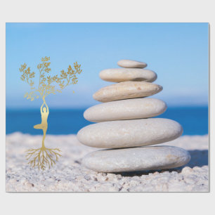 Papier Cadeau Paysage, Pierres Zen, Silhouette d'Arbre Doré