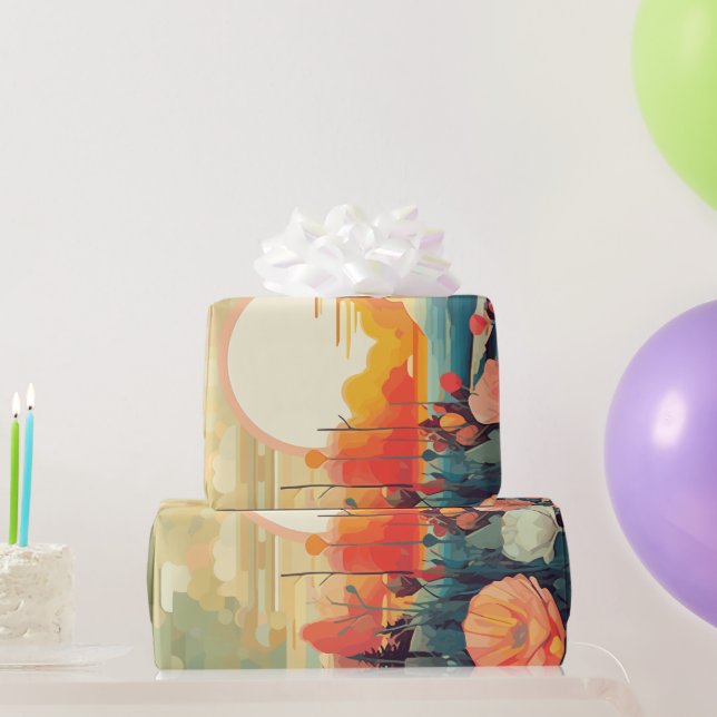 Papier Cadeau Paysage rouge et blanc pavot soleil (Cadeaux de fête)