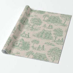 Papier Cadeau Paysage Toile de Maison de Campagne Vert Sauge Vin