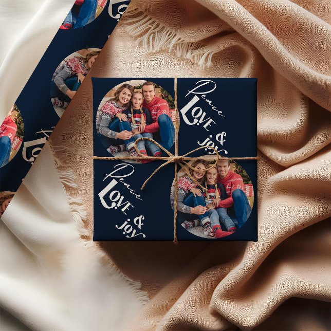 Papier Cadeau Peace Love Joy Elegant Typographie Bleu Photo (Photo Wrapping Paper - Peace Love and Joy)