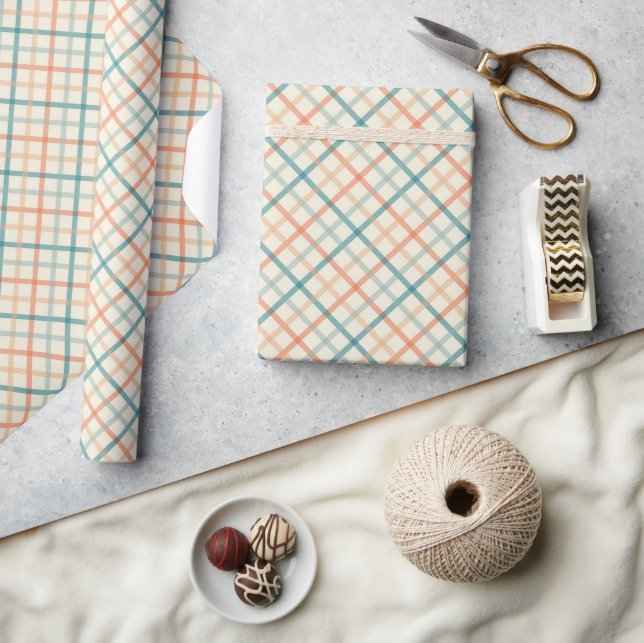 Papier Cadeau Peach Blue Beige Pastel Plaid (Artisanat)