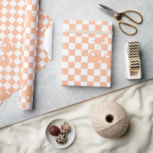 Papier Cadeau Peach Fuzz À damiers Rétro Cherry Plaid Motif (Artisanat)