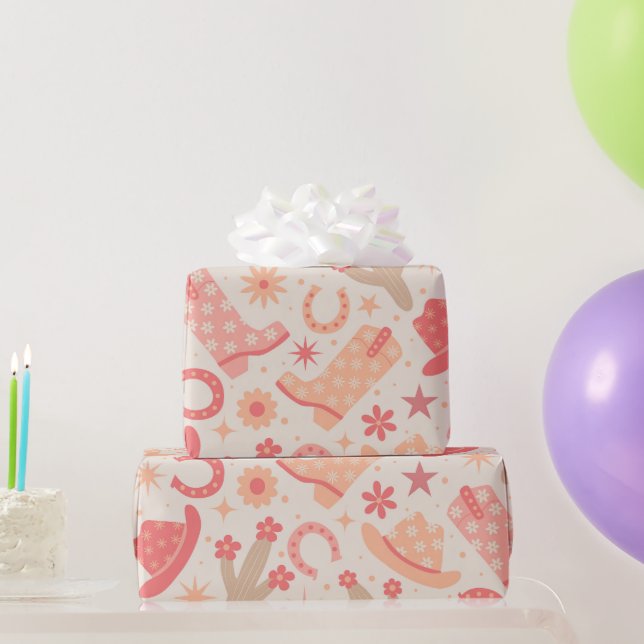 Papier Cadeau Peach Fuzz Super Cowgirl bottes et casquettes (Cadeaux de fête)