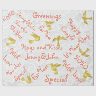 Papier Cadeau Peach White dentelle Mariage Oiseaux dorés