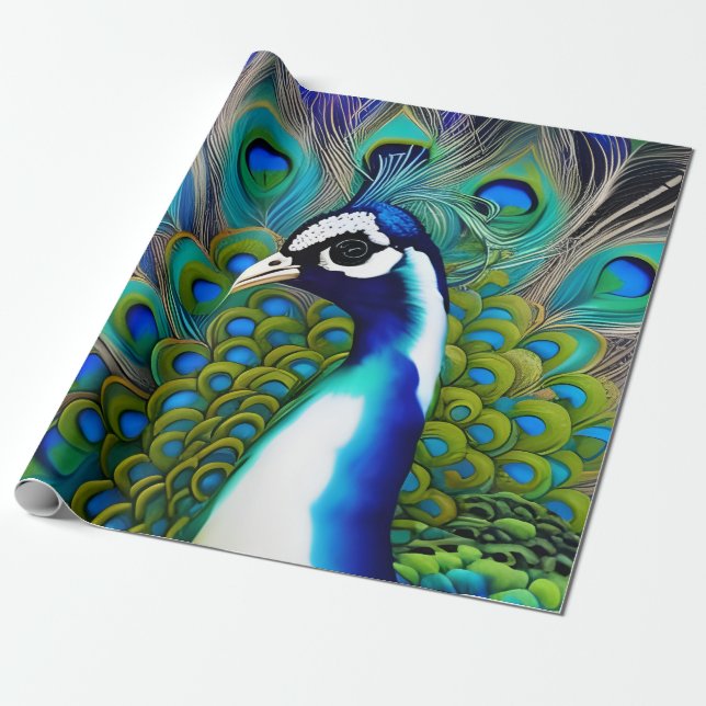 Papier Cadeau Peacock blanc bleu et vert Piebald (Déroulé)