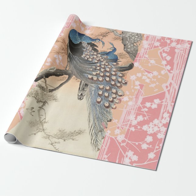 Papier Cadeau PEACOCKS, ROSE BLANC FLEURS SAKURA Japonais Floral (Déroulé)