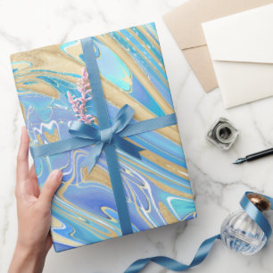 Papier Cadeau Pearlescent Aqua & Gold en marbre liquide
