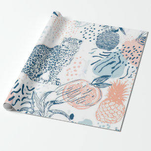 Papier Cadeau Pêche Bleu Léopard Tropical Abstrait