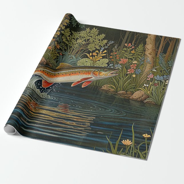 Papier Cadeau Pêche de poissons rustique pêche à la mouche (Déroulé)