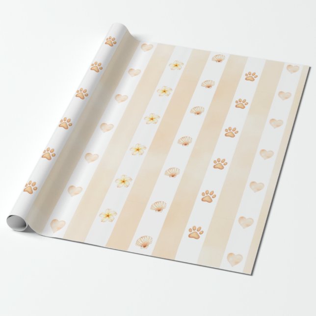 Papier Cadeau Pêche et Blancs - Coeurs, Fleur, Empreinte de patt (Déroulé)