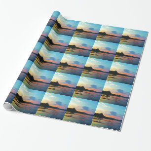 Papier Cadeau Pêche et coucher de soleil sur le lac de montagne