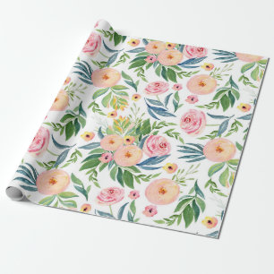 Papier Cadeau Pêche pastel et pivoines roses fleurs de printemps