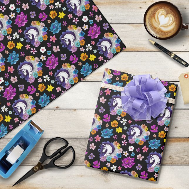 Papier Cadeau Pegasus Noir Floral (Créateur téléchargé)