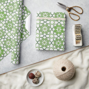 Papier Cadeau Peinture à la main vert géométrique blanc marocain