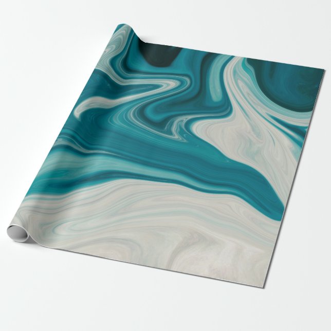 Papier Cadeau Peinture abstraite blanche et turquoise (Déroulé)