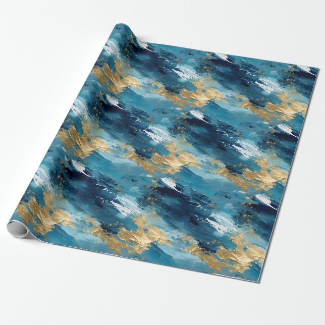 Papier Cadeau Peinture Abstraite Bleue, Blanche et Dorée (Déroulé)
