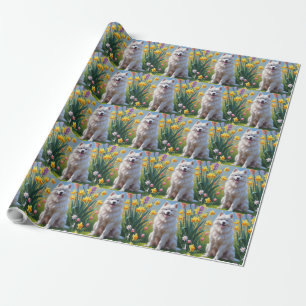Papier Cadeau Peinture de fleurs de printemps de chien Samoyède