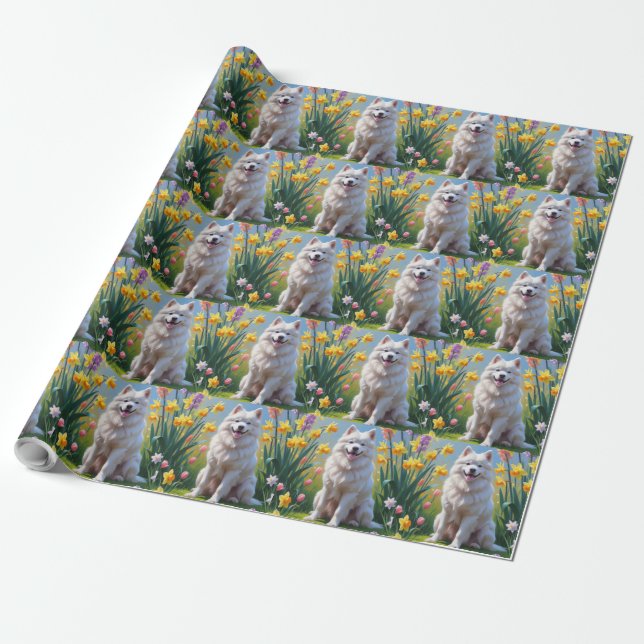 Papier Cadeau Peinture de fleurs de printemps de chien Samoyède (Déroulé)